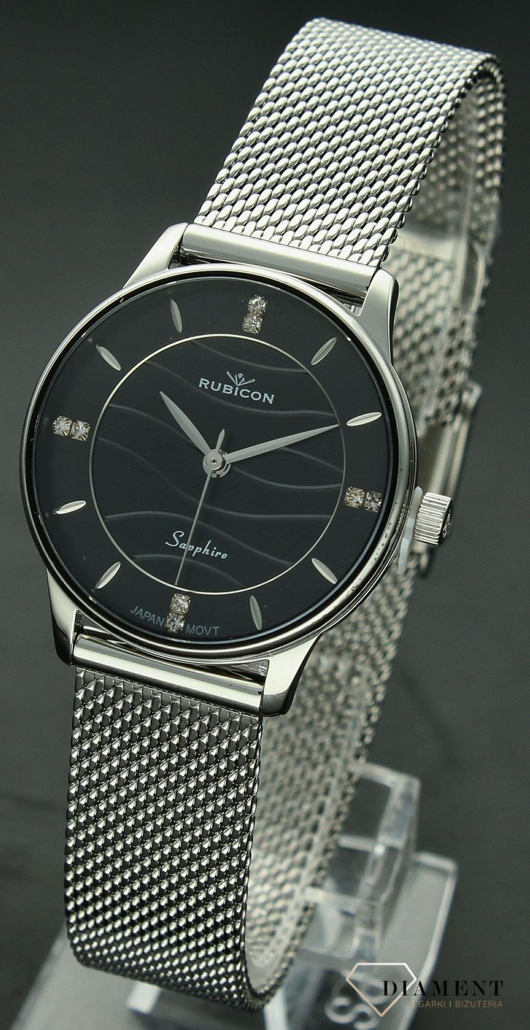 Zegarek damski Rubicon z szafirowym szkłem RNBE35 z falowaną czarną tarczą RNBE35 fala srebrny-czarn.jpg